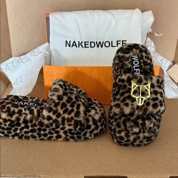 Naked Wolfe Furry Leopard Slides with Gold Detail - Picture 2 of 4